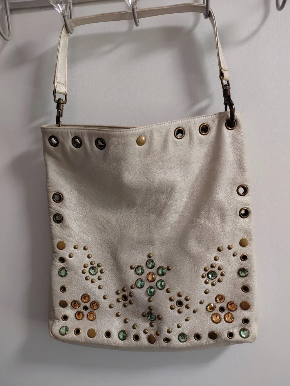 Steve Madden Cream Leather Studded Hobo Bag with Green and Amber Gems